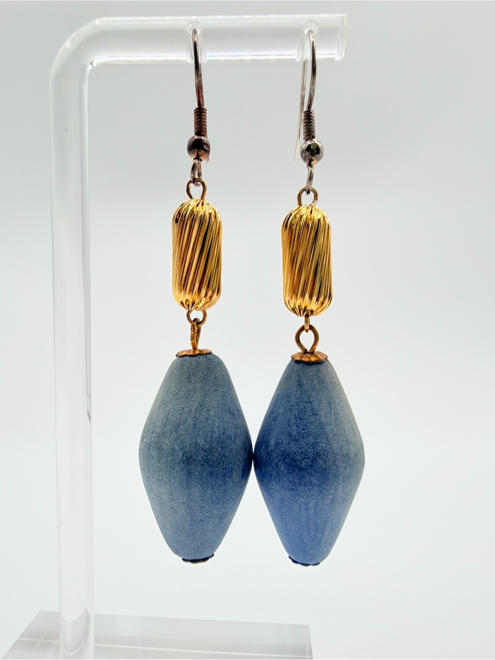 Vintage Blue Wooden Bead Dangle Earrings Gold Tone Boho Artisan